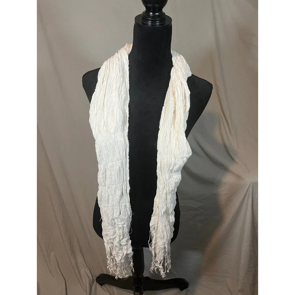 Unbranded Ivory Crinkle Gauze Lightweight Fringe‎ Scarf Off White Boho Accessory